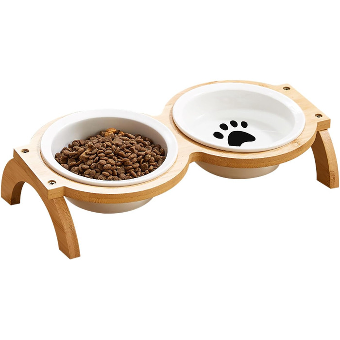 Набір мисок для котів та собак GmeDhc: 2 миски з кераміки на дерев'яній підставці