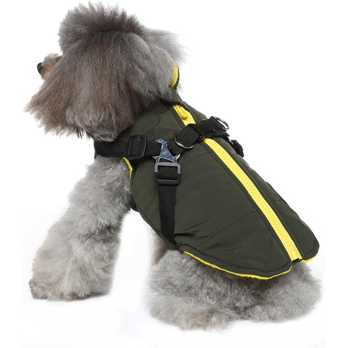 Зимова куртка для собак 2 в 1 з шлейкою, тепла куртка для цуценят та собак маленьких та середніх порід, зелена. Розміри: S (34 см), XL (49 см)