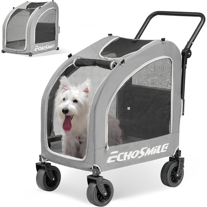 Візок для собак EchoSmile для маленьких та середніх собак до 20 кг, для бездоріжжя, складаний, з подвійними гальмами, ременями безпеки та сітковими віконцями, сірий
