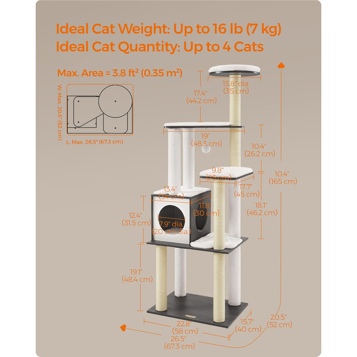 Дерев'яний будиночок для котів Feandrea WoodyWonders UPCT166G03, багатоярусний, з 5 стовпчиками для дряпання, лежаком, знімними подушками, сірий
