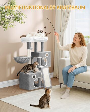 Кігтеточка для котів Hzuaneri, 98 см, з платформою, іграшками та кігтедраперами, сіра