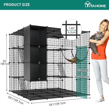 Велика металева клітка для котів YITAHOME з кубами для зберігання, багатоярусна котяча хата з гамаком, 140×140×140 см, для 1–4 котів, чорна, для дому