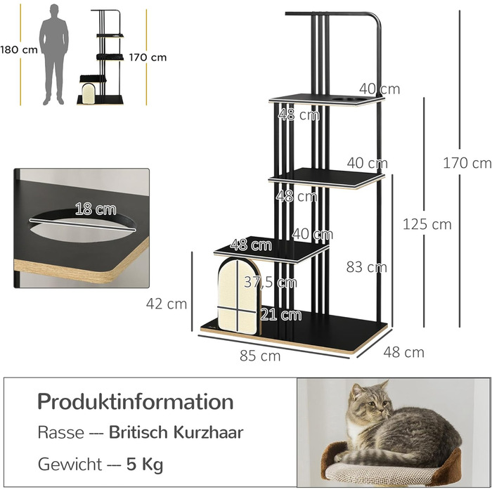 Дерев'яний комплекс для котів PawHut з ігровим м'ячем, 40x30x43 см (85x48x170 см)