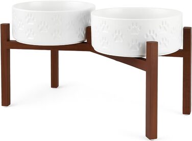 Миска для собак SpunkyJunky з кераміки, подвійна, на підставці з акації, 1800 мл, біла