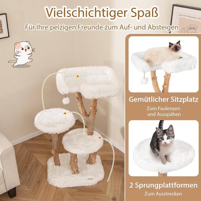 Дерев'яна кігтеточка SOARS для котів з 3-ма стовбурами, ліжком та іграшками, багатоповерхова, 59 x 49 x 110 см, Стиль C