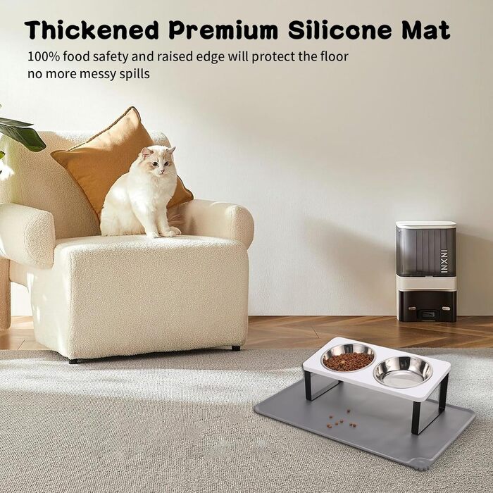 Підвищений годівниця для котів з килимком, нахилений під кутом 15°, миска для їжі та води, що запобігає блювоті, 2 шт. з нержавіючої сталі для котів та цуценят (сірий), 2 миски (білий)