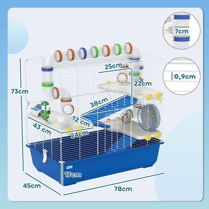Клітка для хом'яків PawHut 4-ярусна, для дрібних тварин, з аксесуарами (лабіринт, годівниця), блакитна, 78 x 45 x 73 см