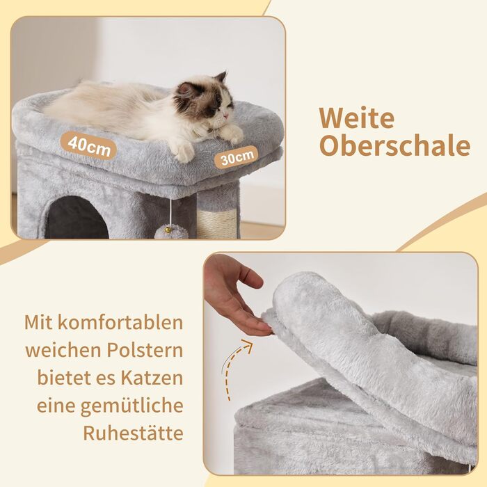 Кігтеточка Heybly Kratzbaum 75 см: кігтеточка-вежа з платформою, будиночком, гамаком, драбиною та іграшками для котів, сірий колір, HCT009SM