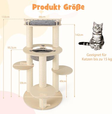 Кігтеточка для котів Costway 6-ярусна з гамаком та лежанками, сіра+натуральний колір, 66x66x150 см