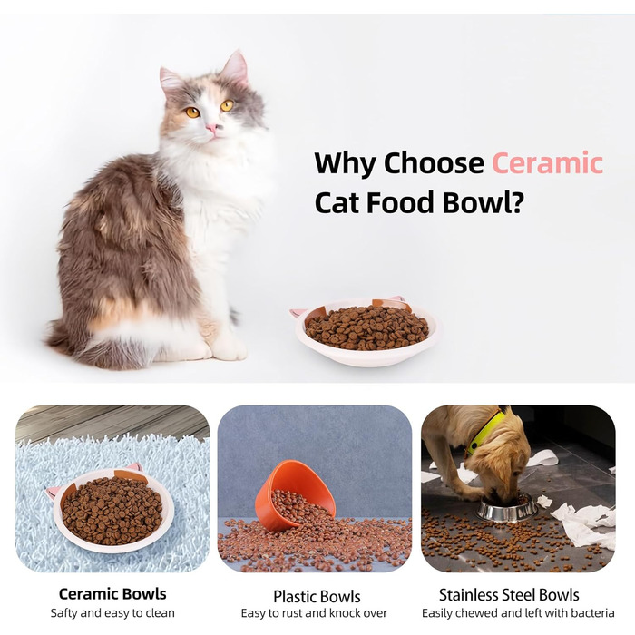 Набір мисок для котячого корму та води з кераміки, 3 шт. - здоровий вибір для сухого та вологого корму. Широкі, плоскі миски для котів, що зменшують дискомфорт від вусів, з неслизьким дном.