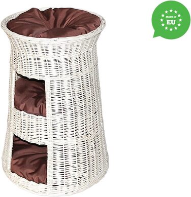 Кігтеточка-ліжко для котів: кругла хатинка з ротанга, триярусне ліжко для собак та котів, колір - білий, з коричневою подушкою