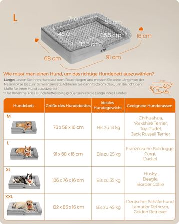 Ортопедичне ліжко для собак Feandrea, середнього розміру, водонепроникне, знімний плюшевий чохол, 91 x 68 x 16 см, сірий (PGW252G01 L)