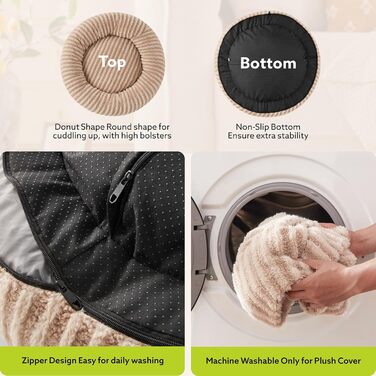 Кругла лежанка для собак Mixjoy, Donut, велика, 91 см, антиковзка, плюшеве штучне хутро, до 40,8 кг, бежева