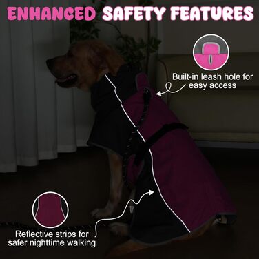 Водонепроникний собачий дощовик HezzLuv з світловідбиваючими смугами, отвором для повідка та флісовою підкладкою, можна прати в пральній машині, зимова куртка для собак маленьких, середніх та великих порід, теплий, вітронепроникний, легкий (Рожевий, Велик