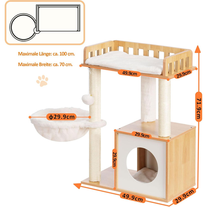 Дерев'яна кігтеточка Heybly HCT007SSR для котів: кігтестоїка-стійка з платформою 30x50 см, будиночком та 2 сизалевими стовпчиками, коричнева