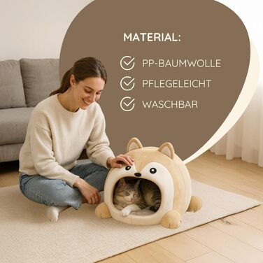 Будиночок для котів Designer Katzenhöhle (Бежевий, 44x41x34 см) – затишна печера-лігво з подушкою для кошенят та котів