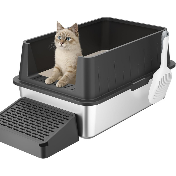 Котлочистка LifeWit 28л з нержавіючої сталі, відкрита, 60x40x30 см з совком та педаллю. Котлочистка XXL для великих котів, без кришки, для вітальні, спальні (Чорний)