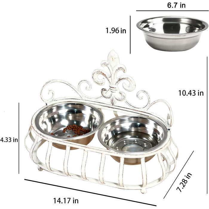 Підвищені годівниці для собак та котів, подвійні миски з нержавіючої сталі, годівниця для домашніх тварин з металевим стійкою Fleur de Lis (антична білизна), біла еліпс