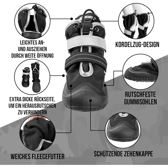 Чоботи для собак OneTigris Pathfinder: 4 шт., чорні, водонепроникні, теплі, регульовані, з світловідбиваючими застібками, розмір 9 (11x8 см)