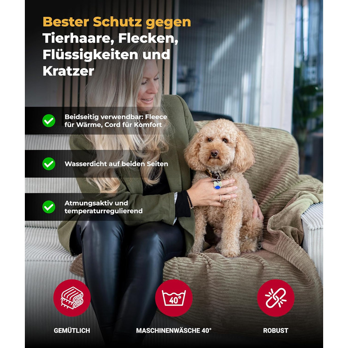 Водонепроникний плед для собак на диван – захист від плям – дихаючий та пральний – для собак та котів – Made in Germany (Бежевий, 95x135 см)