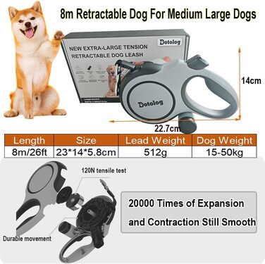 Рулетка для собак Dotolog 8м, висувна повідка для собак середніх та великих порід до 50 кг, повідка-рулетка, сіра/чорна