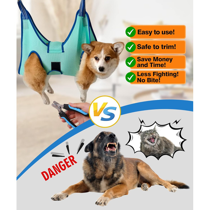 Гамак для грумінгу собак, гамак для догляду за собаками, набір для стрижки кігтів з гамаком, гамак для грумінгу собак з широким ременем (середній, до 16 кг, блакитний)