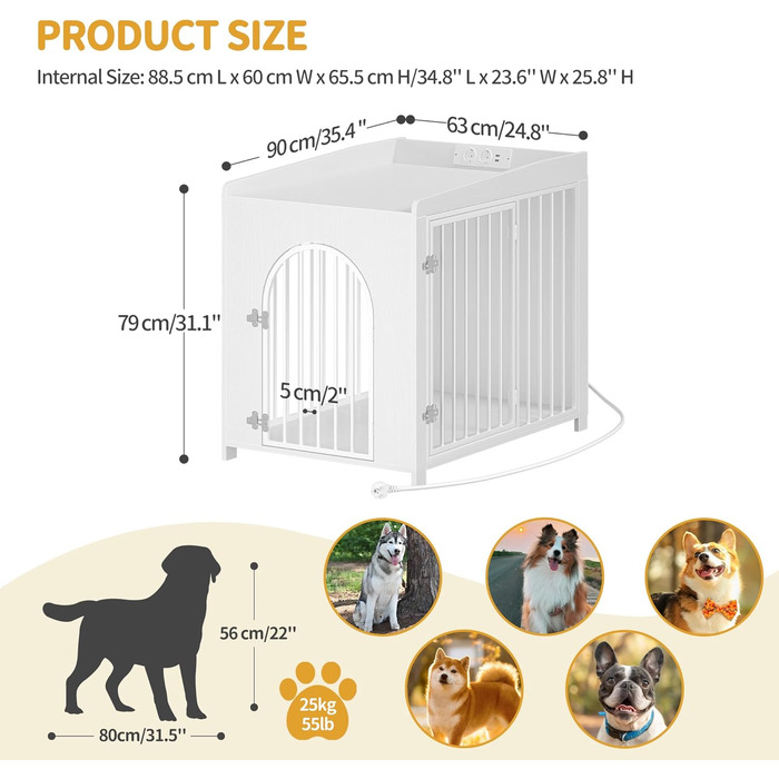 Сучасна собача будка Hzuaneri з USB та розеткою, 2 двері, 90x63x79 см, біла