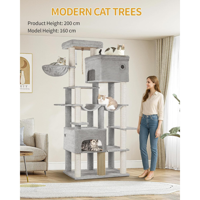 Котячий будиночок Hzuaneri XXL з 10 стовпчиками для дряпання, 2 печерами, 2 гамаками, великою платформою, щітками для котів, кошиком. Підходить для Maine Coon, великих котів, сірий колір MS20018LG