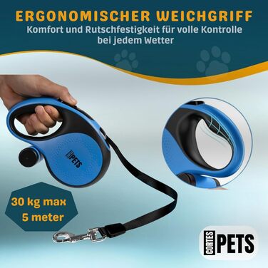 Висувна поводок для собак CORTESPETS® 5 м (до 30 кг) - зручний надійний поводок для малих та великих собак, блакитний
