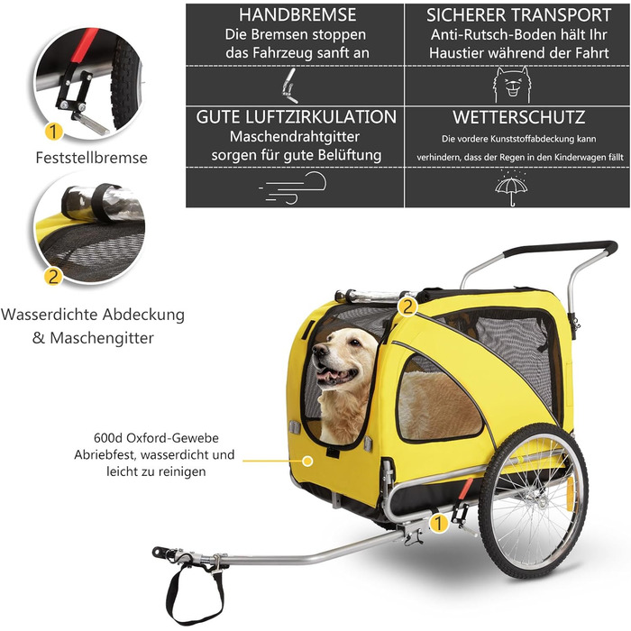 Трансформер для собак XL: велосипедний/біговий, 600D Oxford, до 40 кг, жовтий