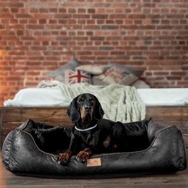 Ортопедичне ліжко для собак Tierlando® Alberto у вінтажному стилі знімний велюровий чохол, комфортне та легке у догляді | Розмір: 120x85 см | Чорний