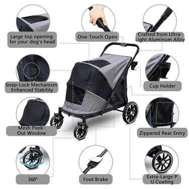 Візок для собак Quolliter: складаний, до 50 кг, для великих собак та котів, сірий, 100 x 48 x 96 см