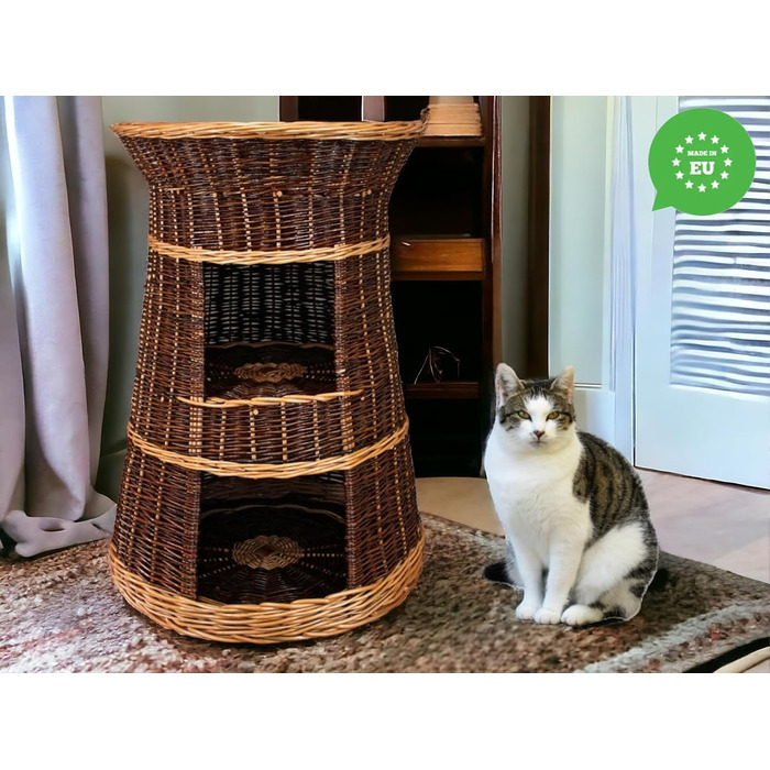 Корзина для котів, лежанка-будка, 43x49x70 см, з вербового пруття, трирівневе ліжко для собак та котів, знімні подушки кремового кольору, лакована корзина (без подушок)