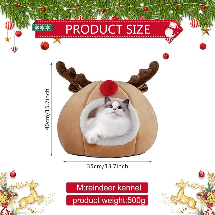 Кругле ліжко для домашніх тварин: котів, собак, кроликів. З м'якого матеріалу, у вигляді наметового будиночка з оленем на тему Різдва.