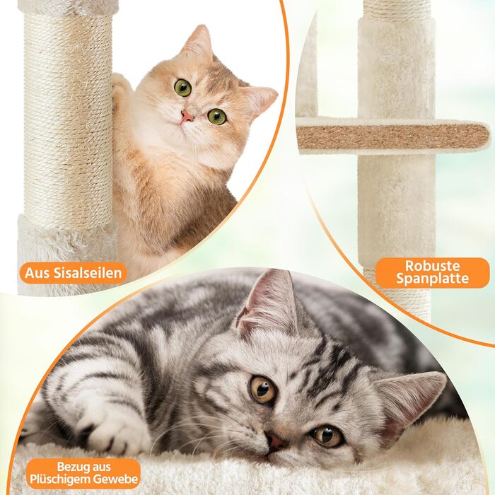 Кігтеточка велика Yaheetech 158 см, Кліматичний комплекс для котів з 3 платформами, 3 стовпчиками для шліфування, 2 будиночками, іграшками, бежевий, 49 x 49 x 158 см