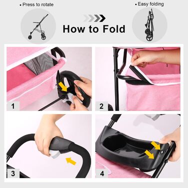 Дитяча візок для тварин, складний, для котів/собак, з кошиком для зберігання та тримачем для напоїв, 3 колеса, для собак та котів, для маленьких або середніх собак, котів, цуценят (Рожевий)