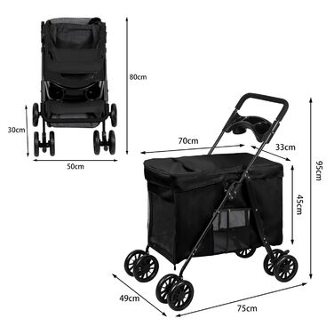 Візок для собак Homewell, візок-каляска для котів/маленьких собак, візок-каляска для дітей, прогулянковий візок для тварин з 2 вікнами на блискавці, тримач для напоїв, до 20 кг (Чорний)