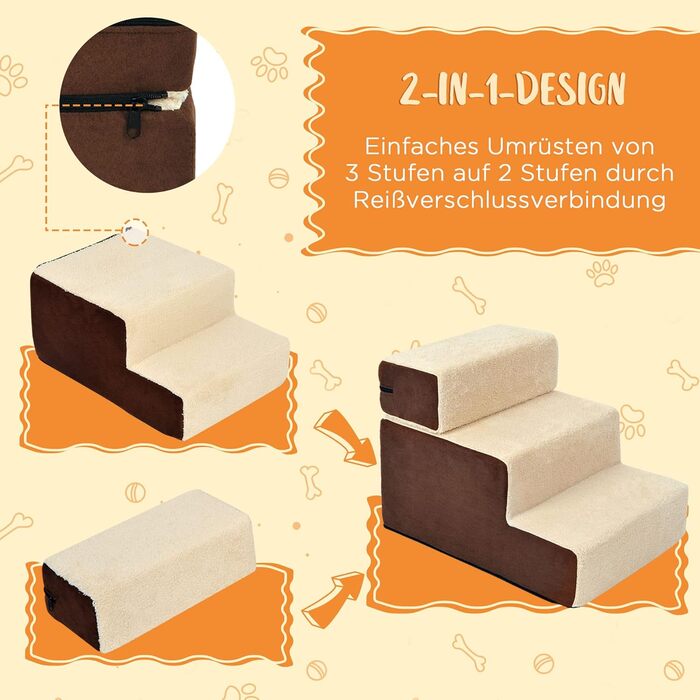 Драбинка для собак і котів PawHut, 3 сходинки, плюшева, беж, 54x40x39 см