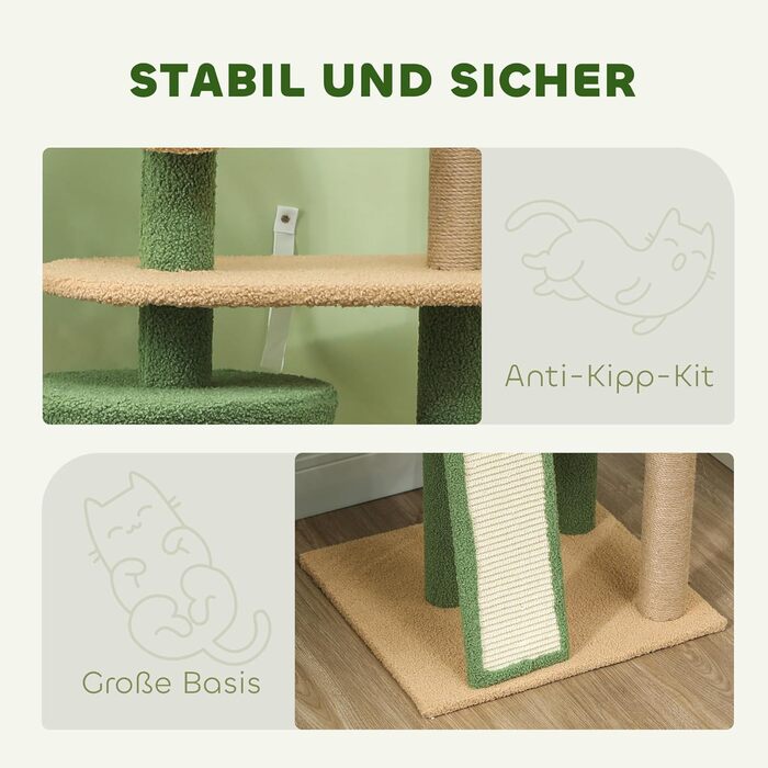 Дім-кігтеточка для котів PawHut 139 см з печерою, іграшкою та сизалевими стовпчиками, до 5 кг, зелений