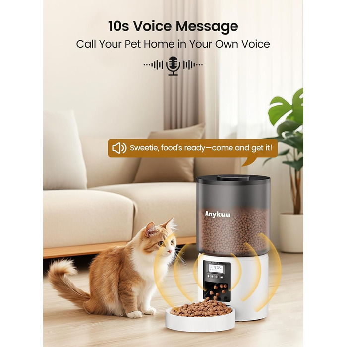 Автоматичний годівниця для котів та собак Anykuu 4L з таймером та контролем порцій. Автоматичний диспенсер для сухого корму з функцією запису (10с) для маленьких та середніх тварин, білий