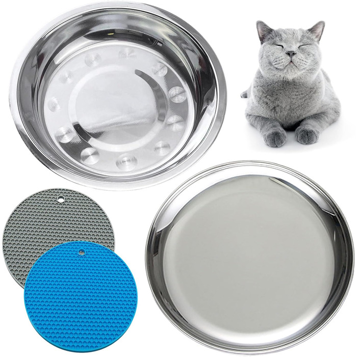 Миски для котів зі сталі (2 шт.) – для полегшення догляду за вусами, зменшення втоми, неслизький набір мисок для котячого корму (великі, 17 см)