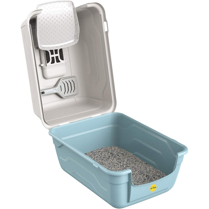 Туалет для котів Cat Centre з кришкою, лотком, дверцятами, совочком та вугільним фільтром для великих котів, 52 x 40 x 40 см (Сірий + сірий килимок)