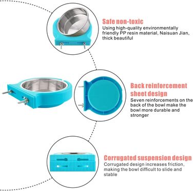 Набір мисок для корму для клітки, підвісні, знімні, з нержавіючої сталі, для собак, котів, дрібних тварин, блакитні, з гофрованим затискачем