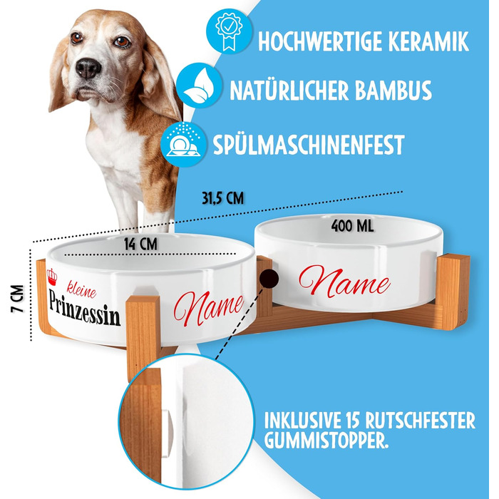 OWLBOOK Миска для собак з іменем, подвійна керамічна миска з бамбуковим підставкою, 300 мл
