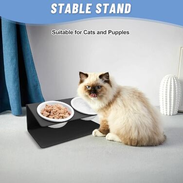 Підвищена годівниця для котів 2 шт. з кераміки на металевому стійці - годівниця для котів та цуценят, набір для корму та води