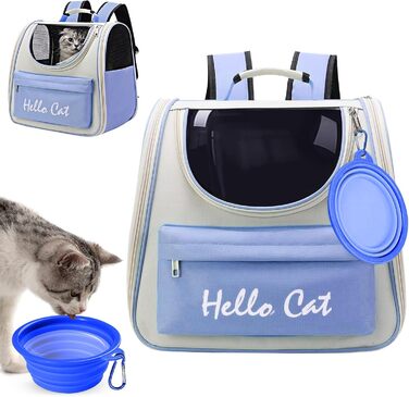 Рюкзак для тварин Surmounty з сітчастим вікном, складний, для котів та собак, з мискою для їжі та води, водонепроникний, до 15 кг (Блакитний)