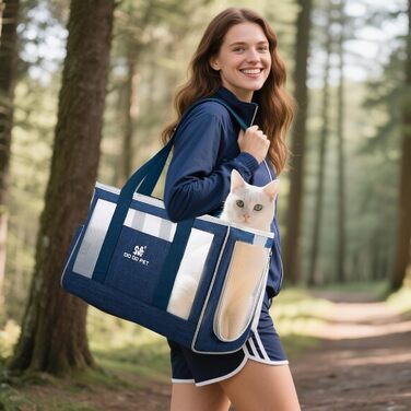 PETCUTE переносна сумка-переноска для собак та котів з виймальною підстилкою, бічні кишені, страховий поводок, дихаюча переноска для маленьких собак, схвалена авіакомпаніями, блакитна