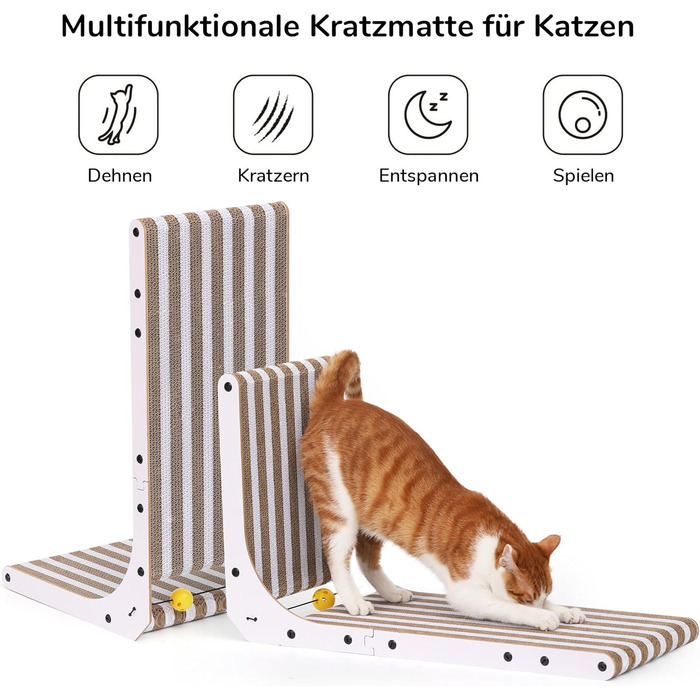 Котячий когтеточка FUKUMARU L-подібної форми, 68 см, з візерунком смуг, з іграшкою, для стіни та кута, з міцного картону