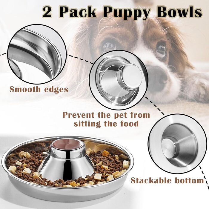 Набори мисок для цуценят Nexboraque (2 шт.) з нержавіючої сталі – 25,4 см, повільне годування, для кількох цуценят, собак та котів
