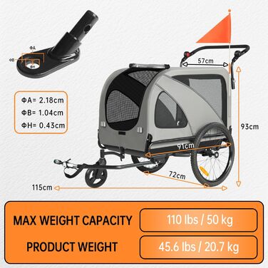 2-в-1 Причіп для собак XXL, Фарбований причіп для собак з дахом, Відбивачі та світловідбиваючі смуги, Універсальний з'єднувальний елемент для велосипеда, Регульована ручка-штовхач, Сірий